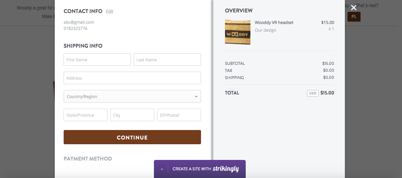 checkout page showing free shipping on a website built on Strikingly checkout page showing free shipping on a website built on Strikingly